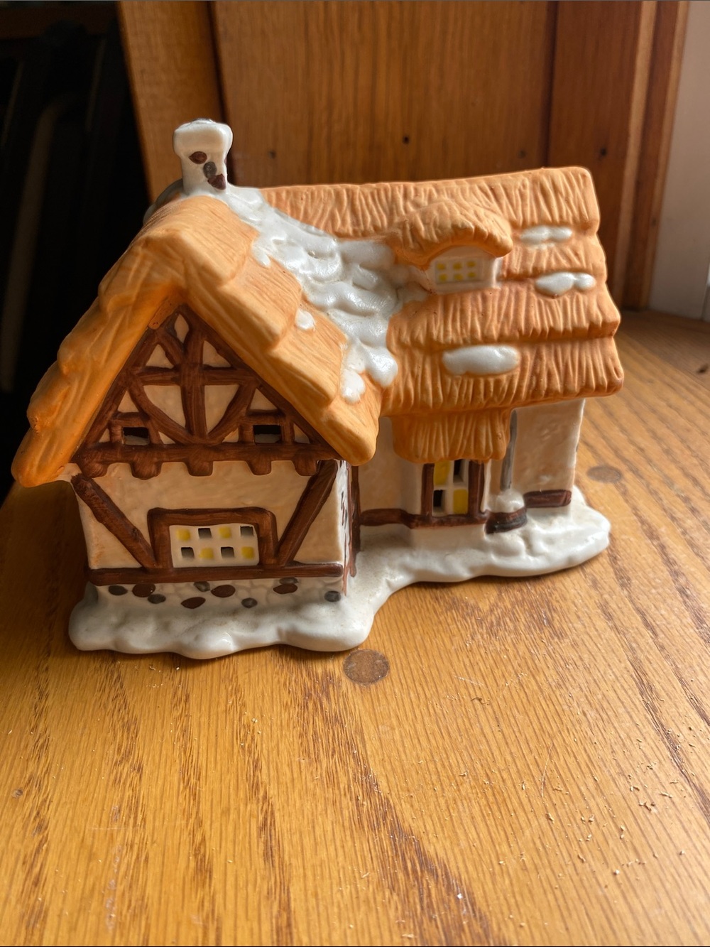 Ceramic Snowy Cottage Figurine in Warm Tan and White